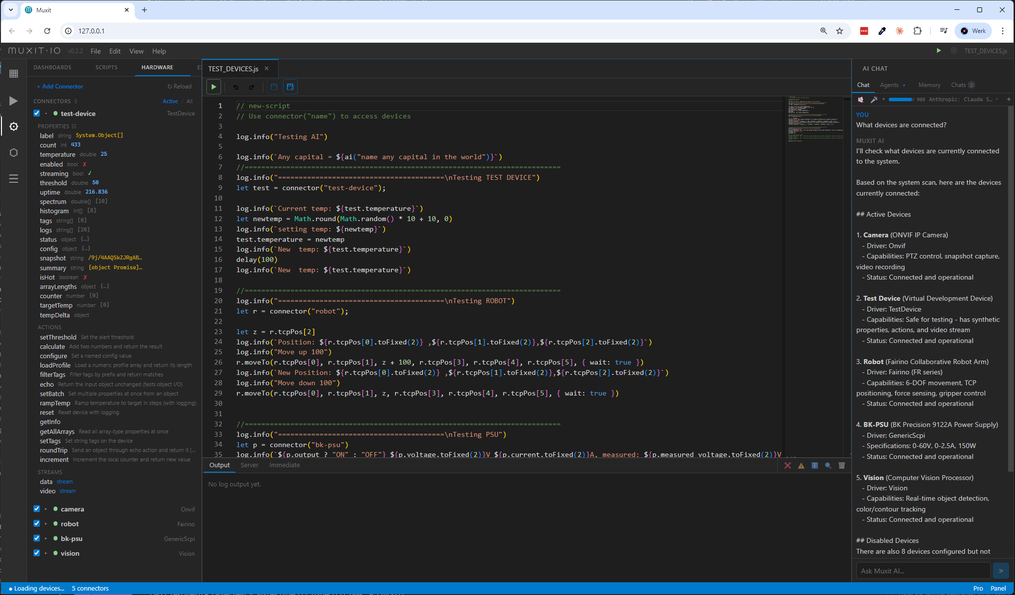 Muxit app showing hardware devices, script editor, and AI chat panels